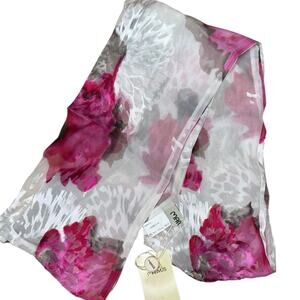 NWT Manyus Boutique 100% Silk Floral Rose Print Rectangle Scarf 56” White Pink